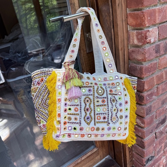 Antik Batik Bohemian Yellow and Cream Beaded Embellished Tote Bag - Picture 3 of 16